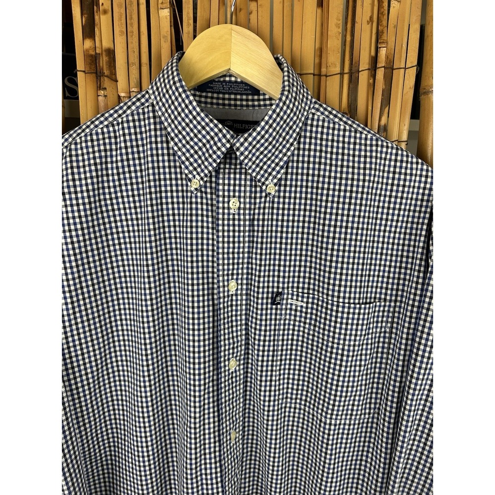 TOMMY HILFIGER Men's Classic Blk Blue Wht Gingham Long Sleeve Button Down Size M
